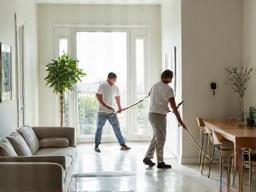 Équipe nettoyant un appartement rénové